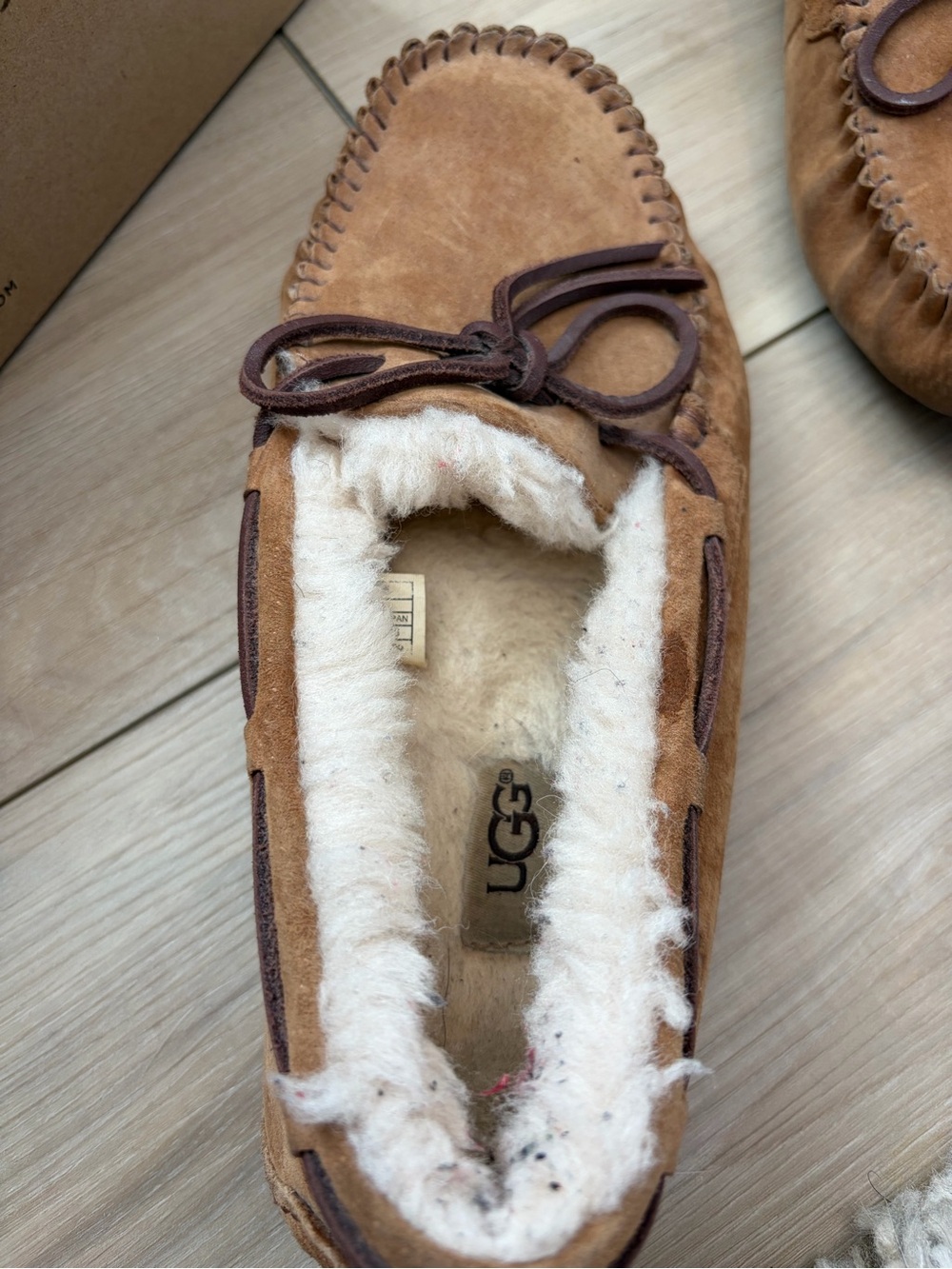 UGG Chestnut Suede Moccasin Slippers with Shearling Trim - Picture 7 of 12